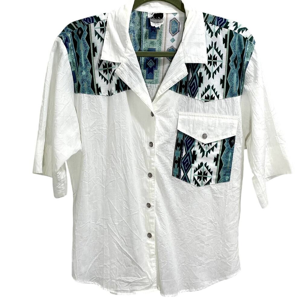 Vintage 90s Tap&Co. Western Short Sleeve Button-Up Top Women's Size Large Aztec